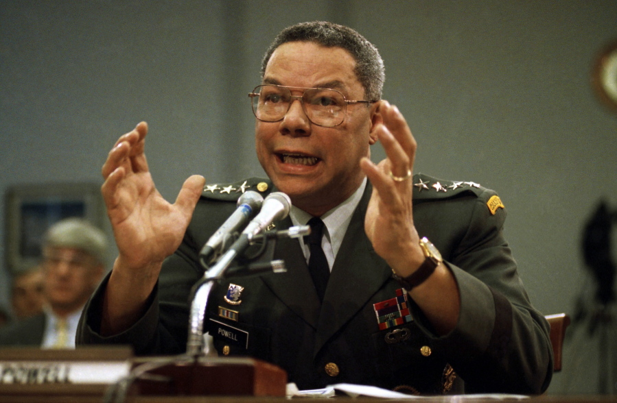 FILE - In this Sept. 25, 1991, file photo, Gen. Colin Powell, chairman of the Joint Chiefs of Staff, speaks on Capitol Hill in Washington, at a House Armed Services subcommittee. Powell, former Joint Chiefs chairman and secretary of state, has died from COVID-19 complications. In an announcement on social media Monday, the family said Powell had been fully vaccinated. He was 84.