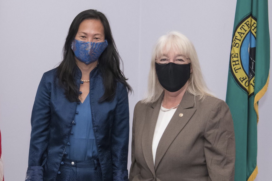 In this photo provided by the U.S. Senate Photographic Studio, Sen. Patty Murray, D-Wash., right, poses with Tana Lin in Washington on June 9, 2021. The U.S. Senate on Thursday, Oct. 21, 2021, confirmed civil rights attorney Tana Lin as a federal judge in Seattle. Lin, the president of the board of the American Civil Liberties Union of Washington, will be the first former public defender and the first Asian American to serve as a federal judge in Washington state, said Democratic Sen. Patty Murray. (John Shinkle/U.S.