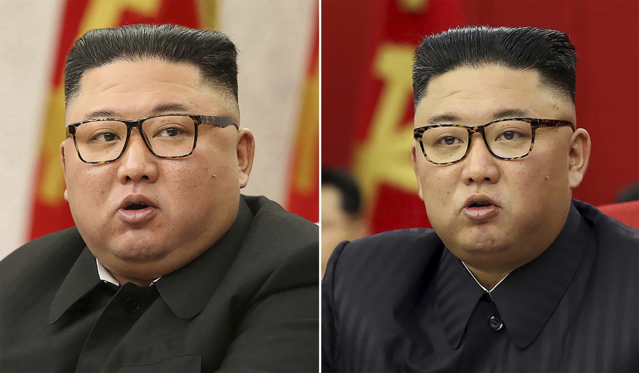 FILE - This combination of file photos provided by the North Korean government, shows North Korean leader Kim Jong Un at Workers' Party meetings in Pyongyang, North Korea, on Feb. 8, 2021, left, and June 15, 2021. Kim has recently lost about 20 kilograms (44 pounds), but he remains healthy and tries to boost a public loyalty toward him in the face of worsening economic difficulties, South Korea's spy agency told lawmakers Thursday, Oct. 28, 2021.