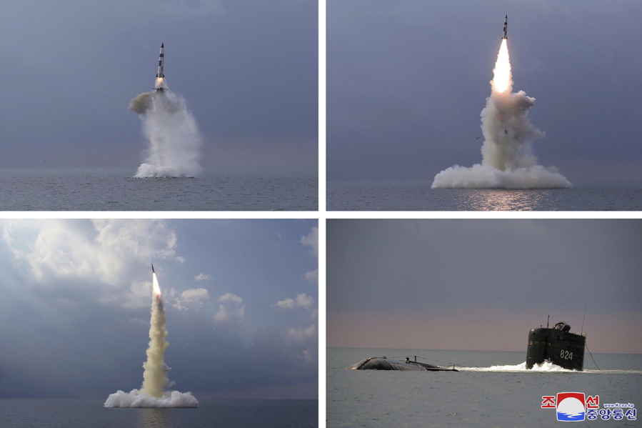 This combination of four photos provided by the North Korean government shows a ballistic missile launched from a submarine Tuesday, Oct. 19, 2021, in North Korea. North Korea announced Wednesday, Oct. 20, 2021 that it had tested a newly developed missile designed to be launched from a submarine, the first such weapons test in two years and one it says will bolster its military's underwater operational capability. Independent journalists were not given access to cover the event depicted in this image distributed by the North Korean government. The content of this image is as provided and cannot be independently verified. Korean language watermark on image as provided by source reads: "KCNA" which is the abbreviation for Korean Central News Agency.