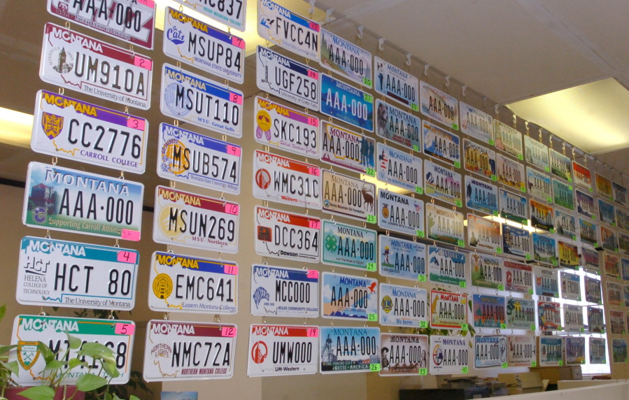 A variety of Montana specialty license plates are on display in the basement of the Cascade County Courthouse in Great Falls, Mont., in 2008. (Stuart S.