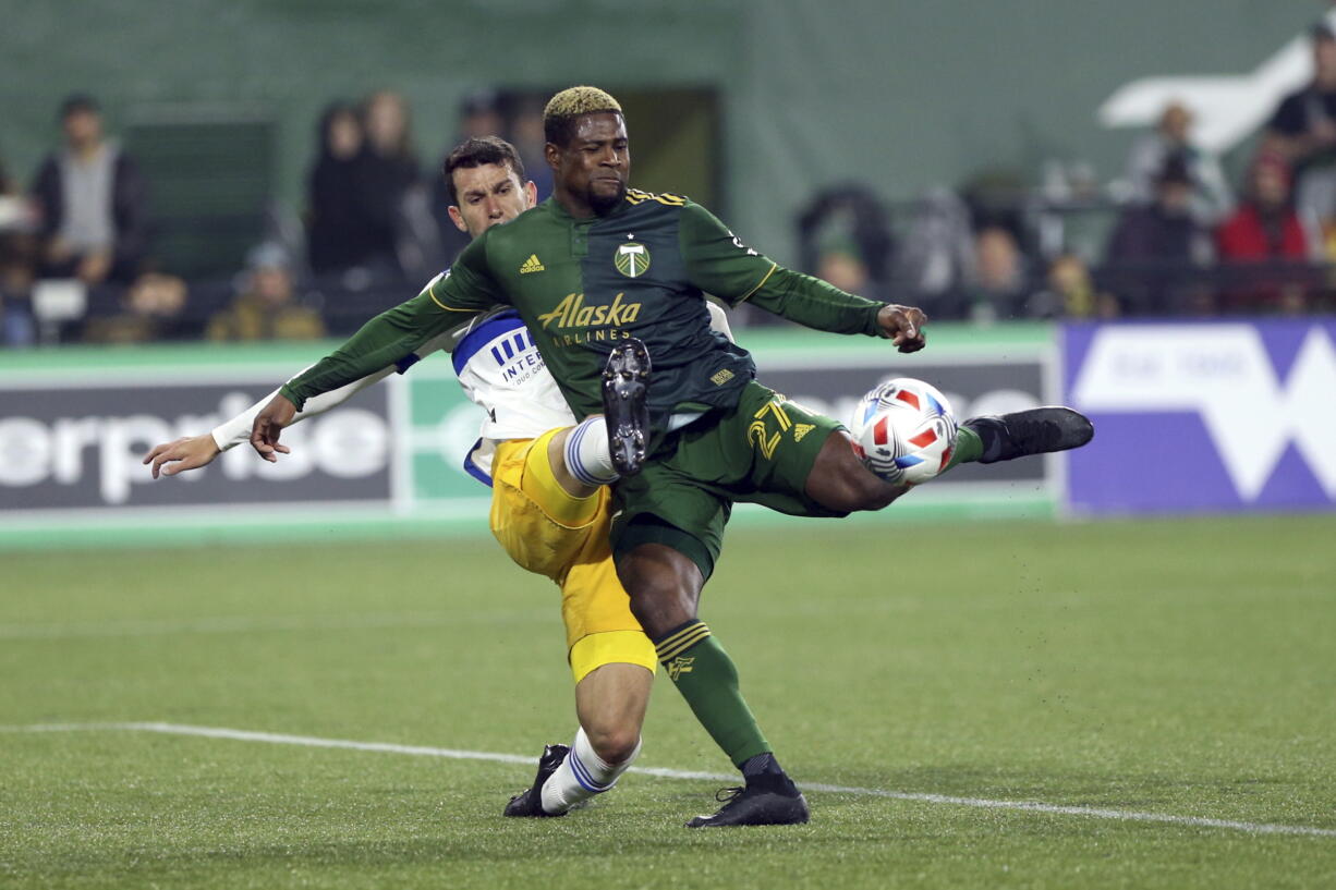 Portland Timbers forward Dairon Asprilla (27) winds up for a shot on goal against the San Jose Earthquakes during an MLS soccer game Wednesday, Oct. 27, 2021 in Portland, Ore.