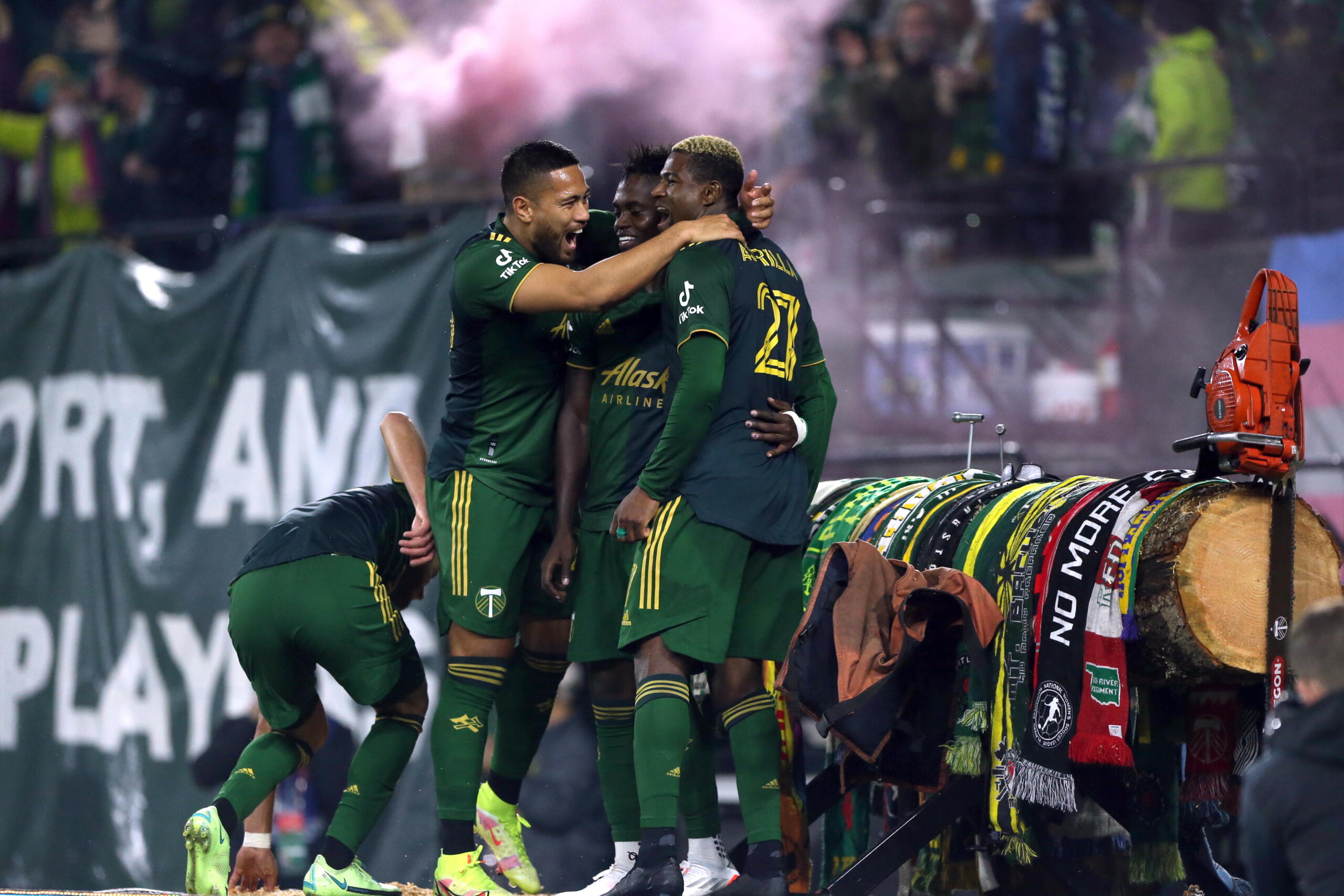 Portland Timbers forward Dairon Asprilla (27) celebrates with teammates after his goal during an MLS soccer game against the San Jose Earthquakes Wednesday, Oct. 27, 2021 in Portland, Ore.