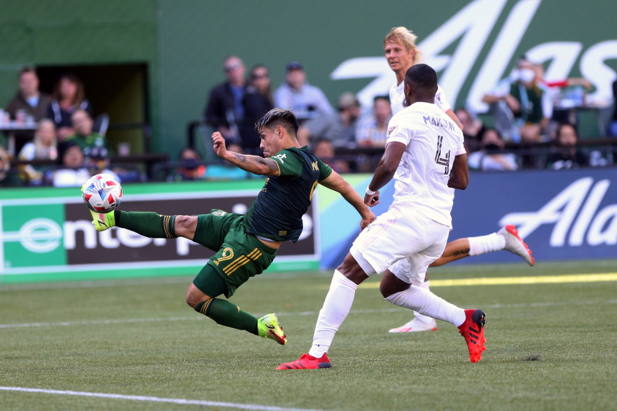 Portland Timbers forward Felipe Mora shoots on goal against Inter Miami in an MLS soccer match at Providence Park on Sunday, Oct. 3, 2021, in Portland, Ore.