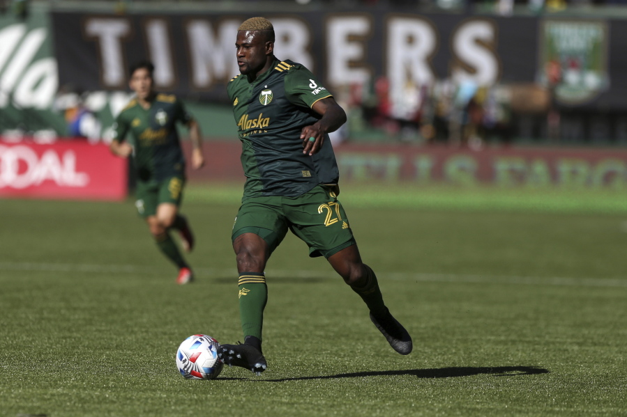 Portland Timbers forward Dairon Asprilla dribbles with the ball against Inter Miami in an MLS soccer match at Providence Park on Sunday, Oct. 3, 2021, in Portland, Ore.