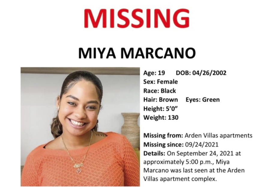 This image provided by the Orange County Sheriff's Office in Orlando, Fla., shows a part of a missing persons poster with an image of missing student Miya Marcano. On Monday, Sept. 27, 2021, authorities found the body of a maintenance worker who was considered a person of interest in the case of Marcano, a central Florida college student who has been missing since Friday, Sept. 24.