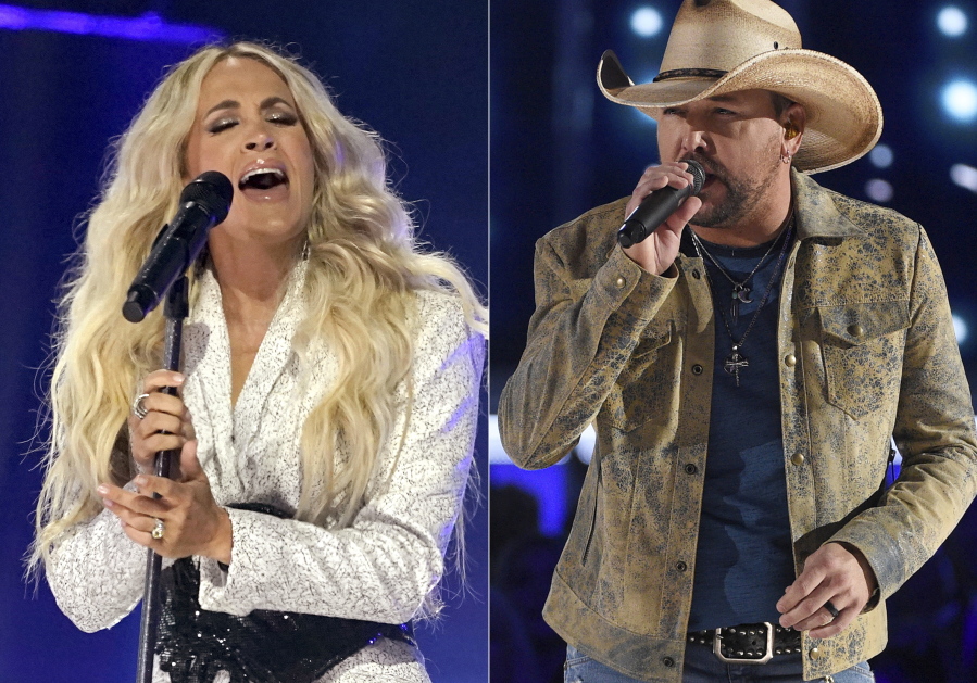 Carrie Underwood performs at the CMT Music Awards in Nashville, Tenn., on May 5, 2021, left, and  Jason Aldean performs at the 54th annual Academy of Country Music Awards in Las Vegas on April 7, 2019. Underwood and Aldean will perform together at the CMA Awards on Nov. 10.