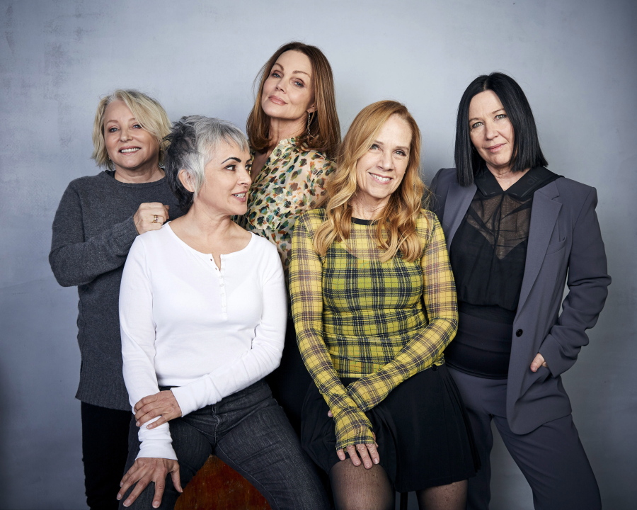 FILE - Gina Schock, from left, Jane Wiedlin, Belinda Carlisle, Charlotte Caffey and Kathy Valentine pose for a portrait to promote the film "The Go-Go's" at the Music Lodge during the Sundance Film Festival on Saturday, Jan. 25, 2020, in Park City, Utah. Defying odds and smashing norms in a male-dominated field, the all-female band, The Go Go's, which had a string of hits propelled by MTV play in the 1980s, will be inducted Saturday, Oct. 30, 2021, into the Rock & Roll Hall of Fame as part of a powerhouse class that includes Tina Turner, Jay-Z, Carole King, Foo Fighters and Todd Rundgren.