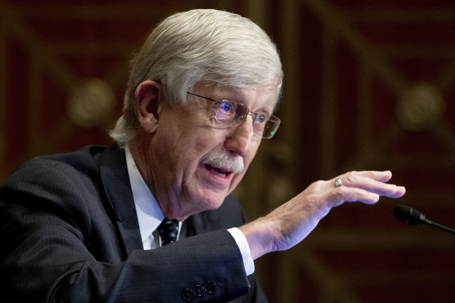FILE - Dr. Francis Collins, director of the National Institutes of Health, appears before a Senate Health, Education, Labor and Pensions Committee hearing to discuss vaccines and protecting public health during the coronavirus pandemic on Capitol Hill, on Wednesday, Sept. 9, 2020, in Washington. Collins says he is stepping down by the end of the year, having led the research center for 12 years and becoming a prominent source of public information during the coronavirus pandemic. A formal announcement was expected Tuesday, Oct. 5, 2021 from NIH.