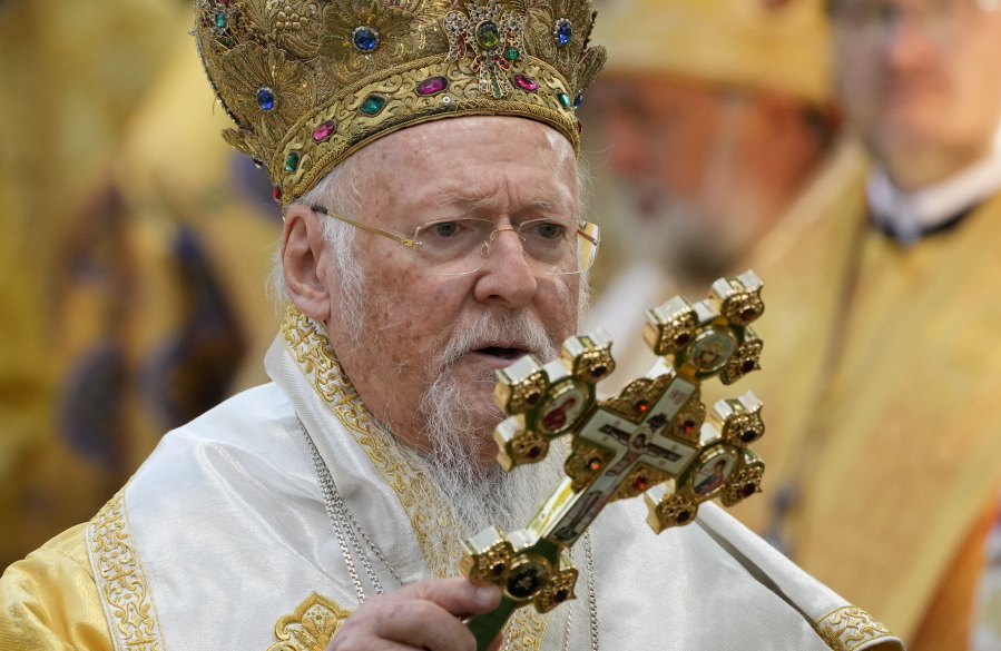 FILE - In this Sunday, Aug. 22, 2021 file photo, Ecumenical Patriarch Bartholomew I, the spiritual leader of the world's Orthodox Christians, leads a Mass at the St. Sofia Cathedral in Kyiv, Ukraine. On Sunday, Oct. 24, 2021, the patriarch was hospitalized for observation after he felt unwell while preparing for a church service on the first full day of a planned 12-day U.S. visit, the Greek Orthodox Archdiocese of America said.