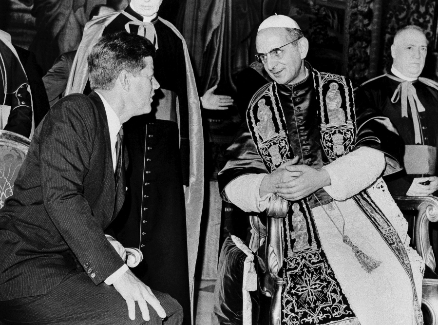FILE - In this July 2, 1963, file photo President John F. Kennedy and Pope Paul VI talk at the Vatican. Kennedy's meeting with Pope Paul VI at the Vatican was historic: the first Roman Catholic president of the United States was seeing the Roman Catholic pontiff only days after his coronation. President Joe Biden is scheduled to meet with Pope Francis on Friday, Oct. 29, 2021. Biden is only the second Catholic president in U.S. history.