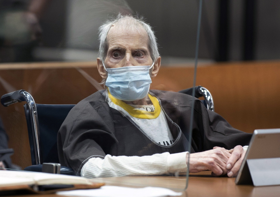 New York real estate scion Robert Durst, 78, sits in the courtroom as he is sentenced to life in prison without chance of parole, Thursday, Oct. 14, 2021 at the Airport Courthouse in Los Angeles. New York real estate heir Robert Durst was sentenced Thursday to life in prison without chance of parole for the murder of his best friend more that two decades ago. (Myung J.