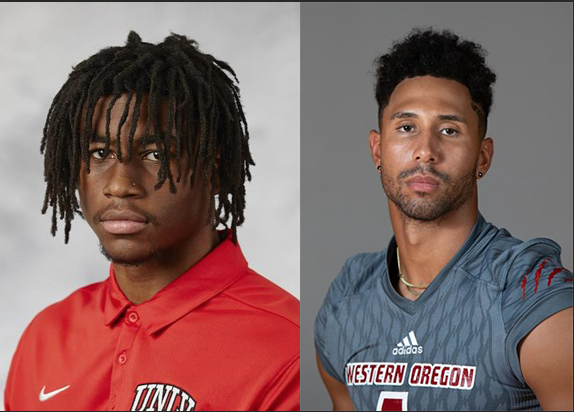 UNLV receiver Zyell Griffin, left, and Western Oregon receiver Justice Murphy
