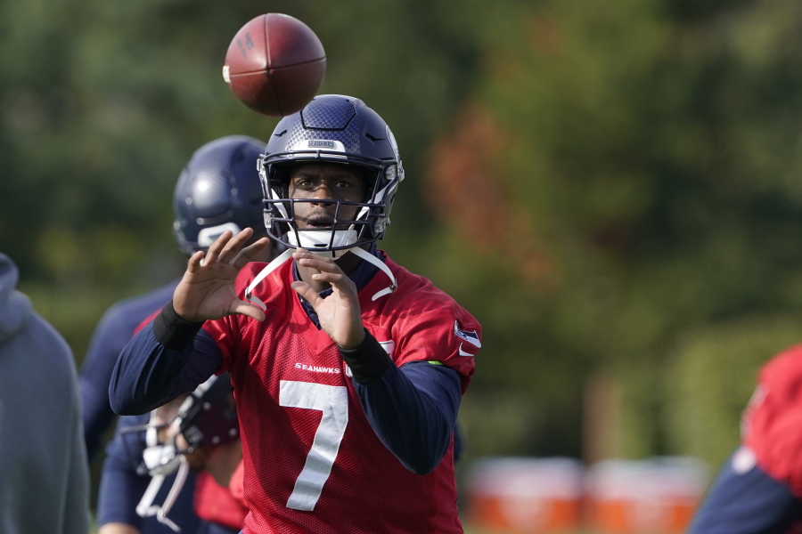 Seattle Seahawks backup quarterback Geno Smith (7) catches a ball during warmups before NFL football practice, Wednesday, Oct. 13, 2021, in Renton, Wash. Starting quarterback Russell Wilson had surgery on his hand last Friday, and Smith is expected to be the starting quarterback Sunday when the Seahawks play the Pittsburgh Steelers on the road. (AP Photo/Ted S.