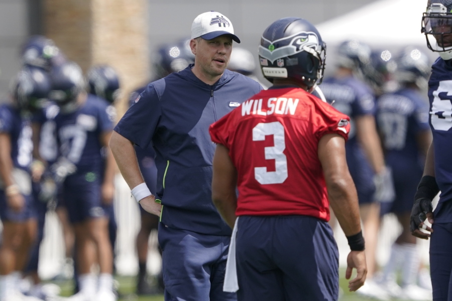 When the Seahawks brought Shane Waldron on board as offensive coordinator this offseason, they were hoping to pull some of what worked so well for the division rival Los Angeles Rams and implement it into a system run by Russell Wilson. The test of how well that's worked for Seattle comes on Thursday, Oct. 6, facing the Rams. (AP Photo/Ted S.