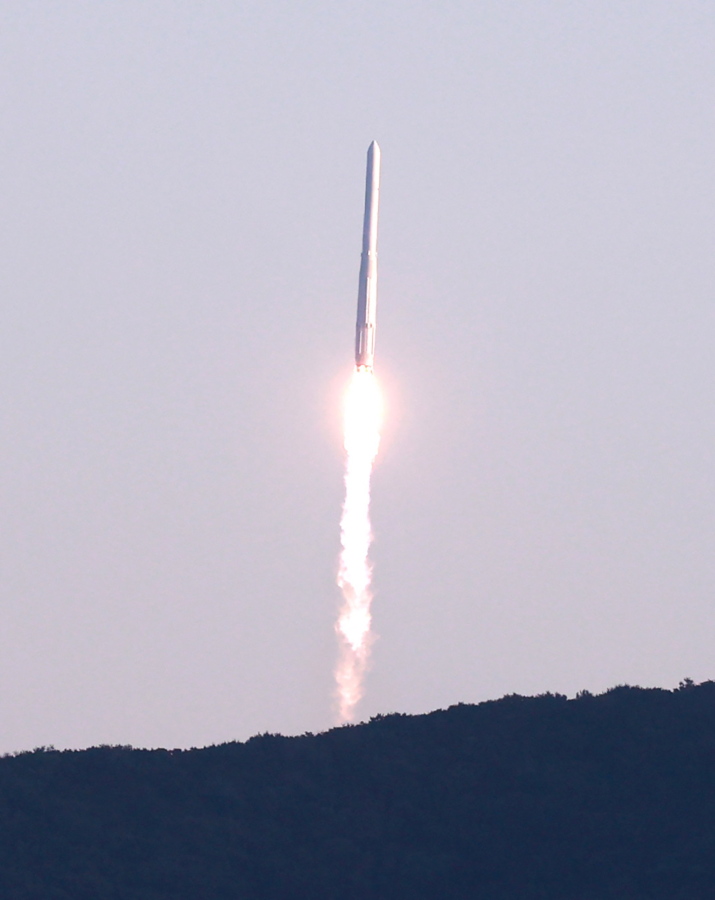 The Nuri rocket, the first domestically produced space rocket, lifts off from a launch pad at the Naro Space Center in Goheung, South Korea, Thursday, Oct. 21, 2021. South Korea test launched its first domestically produced space rocket on Thursday in what officials described as an important step in the country's pursuit of a satellite launch program.
