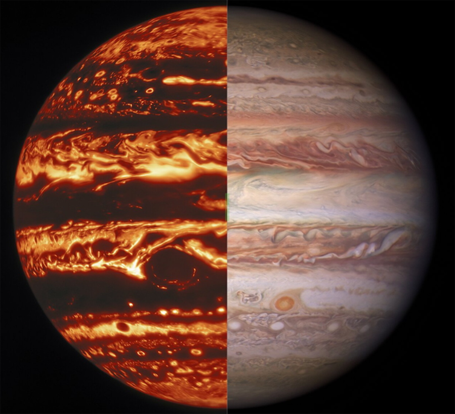 This combination of images shows the planet Jupiter seen by the Juno probe's microwave radiometer, left, and in visible light, captured by the Gemini Observatory. (NASA/JPL-Caltech/SwRI/MSSS; Kevin M.