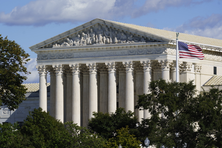 The Supreme Court is seen in Washington, Monday, Oct. 18, 2021. The Biden administration is asking the high court to block the Texas law banning most abortions, while the fight over the measure's constitutionality plays out in the courts. The law has been in effect since September. (AP Photo/J.