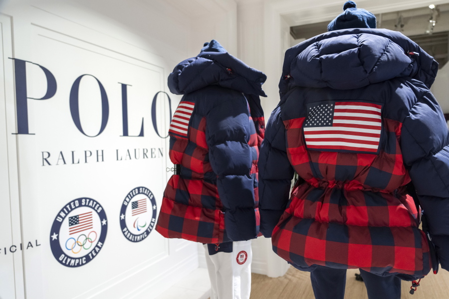 The Team USA Beijing winter Olympics closing ceremony uniforms designed by Ralph Lauren are displayed on Wednesday, Oct. 27, 2021, in New York.
