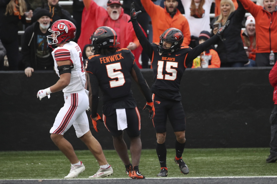 Oregon State wide receiver Anthony Gould (15) celebrates after scoring a touchdown during the first half of the team's NCAA college football game against Utah on Saturday, Oct. 23, 2021, in Corvallis, Ore.