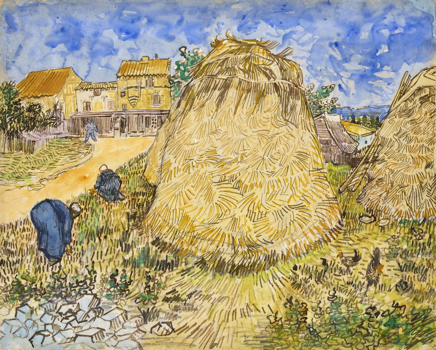 This image, provided by Christie's, shows Vincent van Gogh's 1888 work "Wheatstacks," to be offered in the dedicated sale "The Cox Collection: The Story of Impressionism," in New York, Nov. 11, 2021. The watercolor, seized by the Nazis during World War II is estimated at $20-million to $30-million.