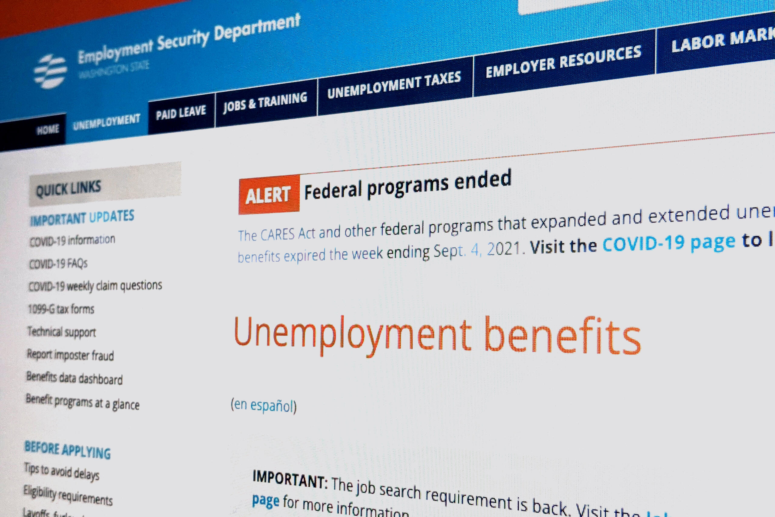 The homepage of the Washington Employment Security Department.