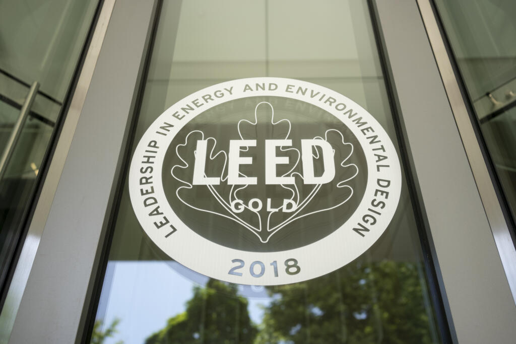 The LEED Gold certification icon is seen at the entrance to the Broadway Tower, Portland's newest modern mixed-used tower.