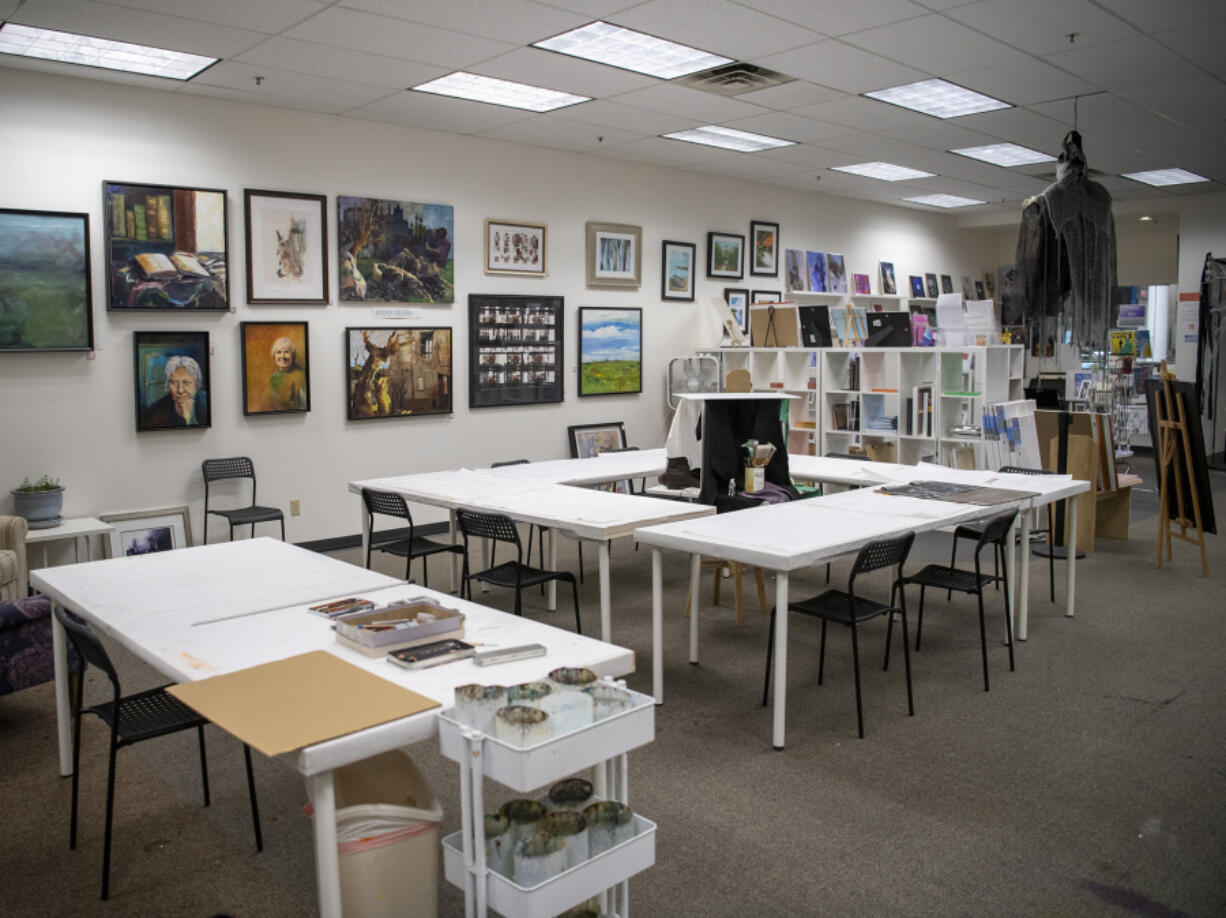 Tables sit in the classroom portion of the Vancouver Art Space.  There are multiple classes on various art styles offered at the shop.