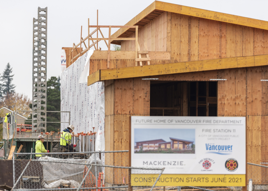 Workers from Portland-based Kirby Nagelhout Construction are in the process of framing and weatherproofing the Vancouver Fire Department's future Fire Station 11.