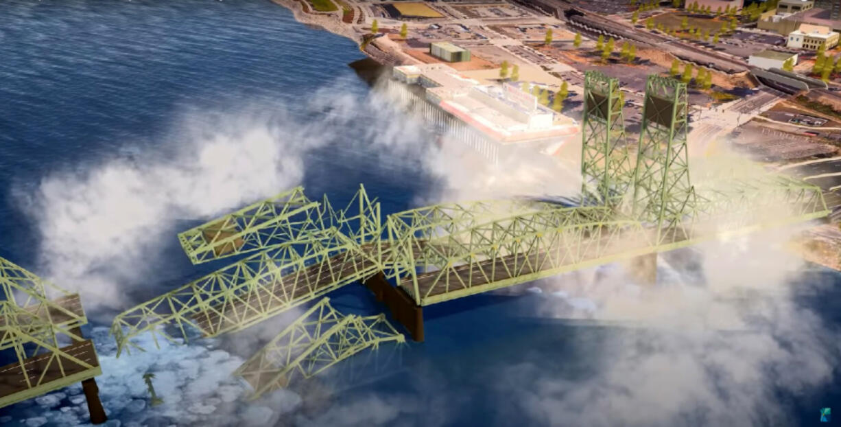 New video animation shows how the current Interstate 5 Bridge would collapse in an earthquake of magnitude 8.0 or greater.