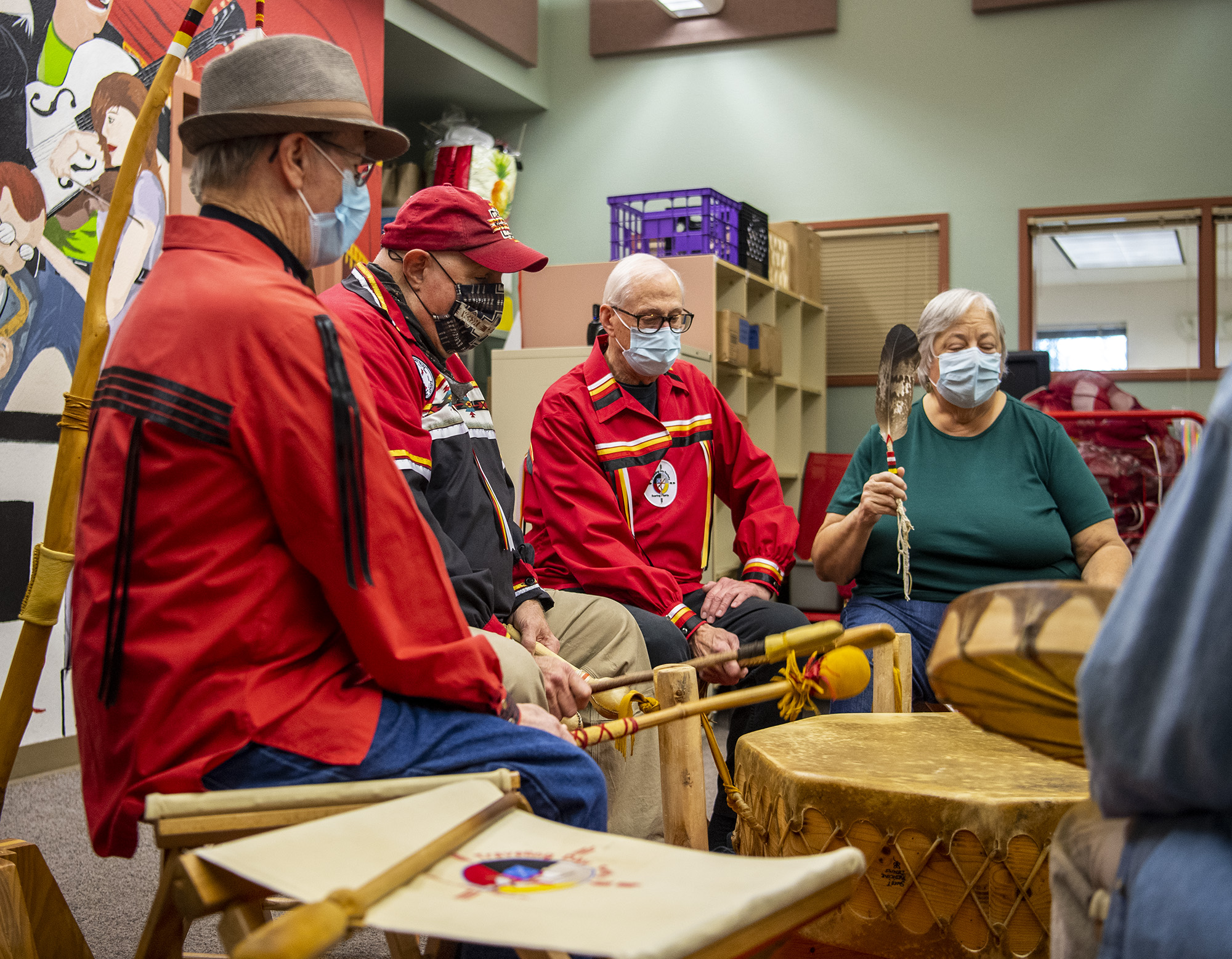 The Traveling Day Society plays a song Tuesday, Nov. 23, 2021, at Lincoln Elementary School. The inter-tribal Native American group was part of a virtual assembly at Lincoln elementary school.