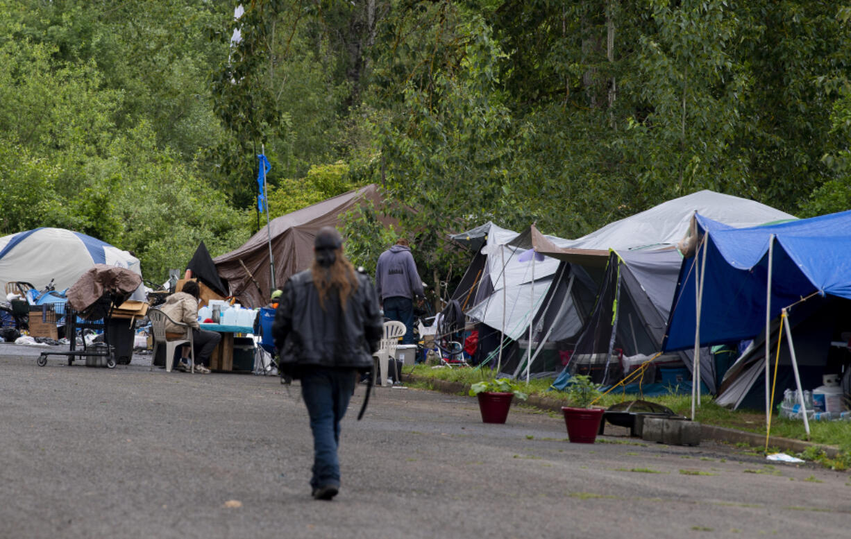 A homeless encampment is pictured in northeast Vancouver in May. The city of Vancouver's "Safe Stay Community" is intended to open in December and will offer a homelike community for people experiencing homelessness. The first site will be located at 11400 N.E. 51st Circle in the North Image neighborhood.