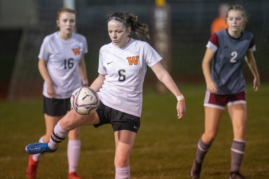 Washougal senior Molly Rabus (6) gains possession against W.F. West during a loser-out 2A District 4 soccer match in Chehalis on Tuesday.