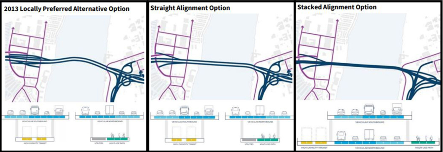 These are the three options for the physical layout of the future Interstate 5 Bridge, which will be built west of the current bridge. The height and design are not yet determined.