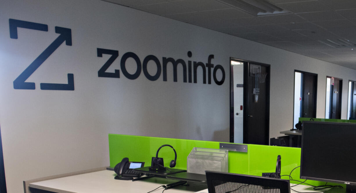The ZoomInfo logo adorns a wall at the company's downtown Vancouver offices, shown in March.
