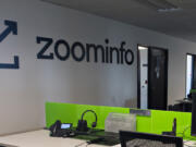 The ZoomInfo logo adorns a wall at the company's downtown Vancouver offices, shown in March.