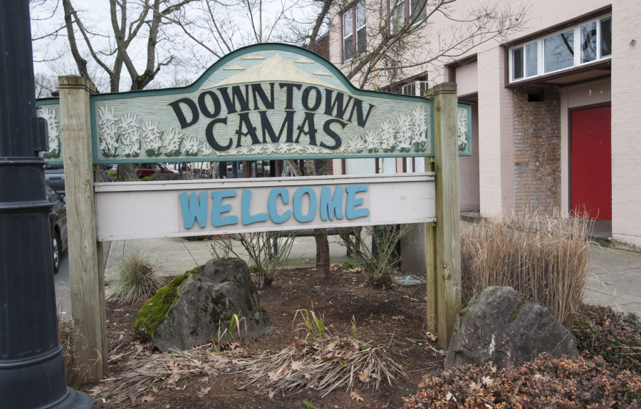 A sign welcomes visitors to downtown Camas.