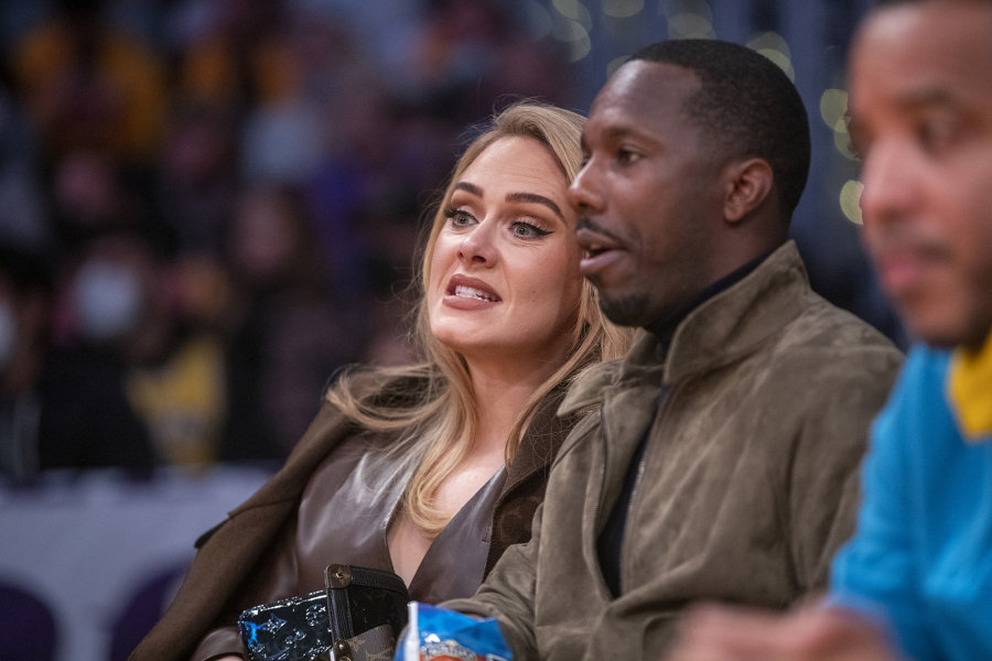 Singer Adele and sports agent Rich Paul attend a game between the Golden State Warriors and the Los Angeles Lakers on Oct. 19 at STAPLES Center in Los Angeles. (Allen J.
