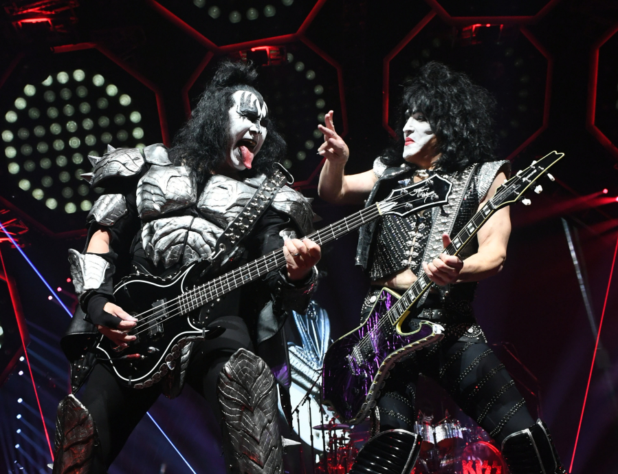 Gene Simmons, left, and Paul Stanley of KISS perform Feb. 16, 2019 during their End Of The Road World Tour at The Forum in Inglewood, Calif.