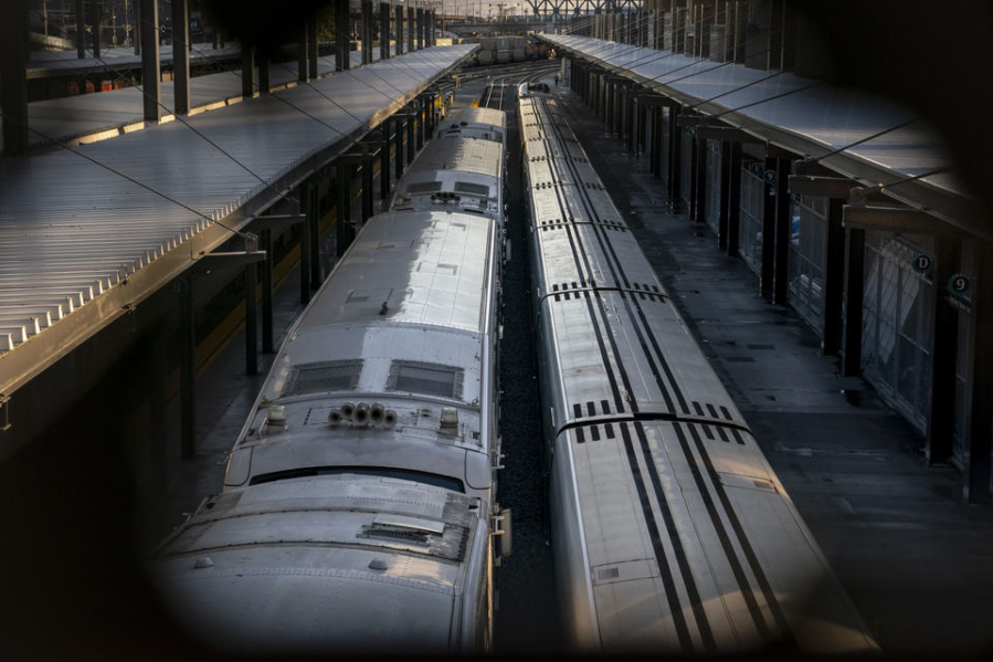 Passenger trains are seen at King Street Station on November 15, 2021 in Seattle, Washington.