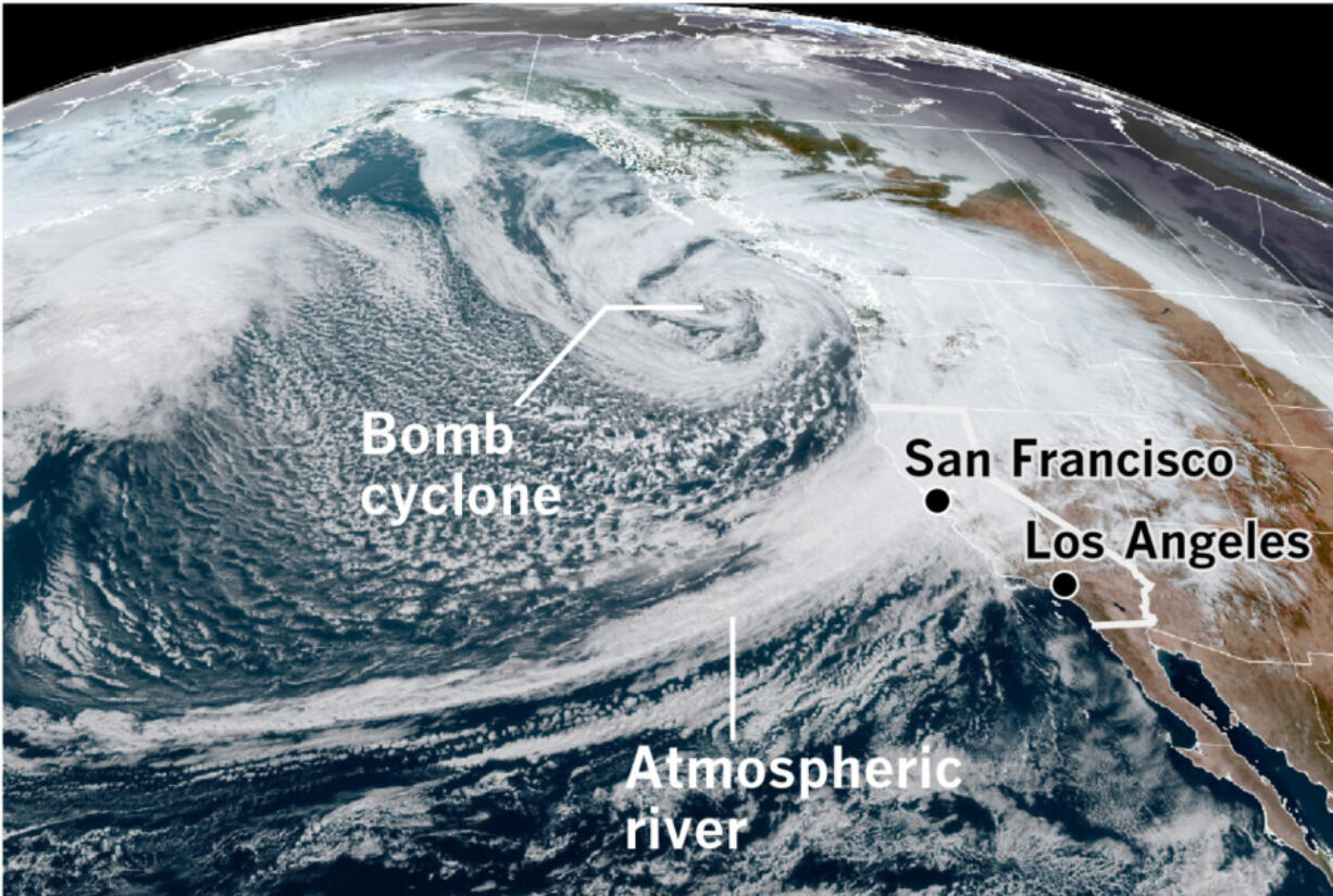 An unusually deep low-pressure system and an atmospheric river as seen from space on the afternoon of Sunday, Oct.