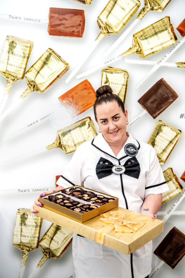 Stacey Thorpe, a 30 year employee of See's Candies, in Glendale, California.
