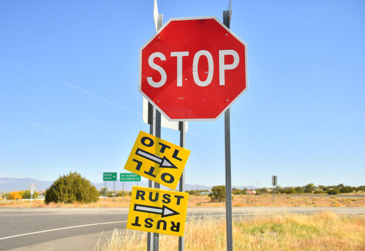 A sign directs people to the road that leads to the Bonanza Creek Ranch where the movie "Rust" was being filmed on Oct. 22, 2021, in Santa Fe, New Mexico.