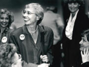 Jolene Unsoeld is surrounded by supporters at Gaiser Hall on primary election night Sept. 20, 1988.
