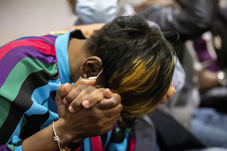 Ahmaud Arbery's mother, Wanda Cooper-Jones breaks down after the jury convicted Travis McMichael in the Glynn County Courthouse, Wednesday, Nov. 24, 2021, in Brunswick, Ga. (AP Photo/Stephen B.