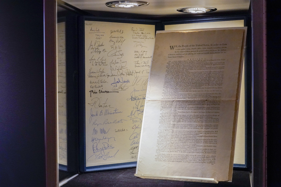 FILE - A first printing of the United States Constitution is displayed at Sotheby's auction house during a press preview on Nov. 5, 2021, in New York. The rare copy has sold Thursday, Nov. 18, for a record $43.2 million at Sotheby's to an anonymous buyer who outbid a group of crypocurrency investors.