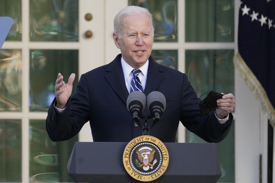 President Joe Biden speaks during a ceremony to pardon the national Thanksgiving turkey in the Rose Garden of the White House, in Washington, Friday, Nov. 19, 2021.