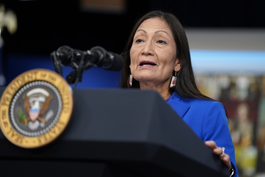 Interior Secretary Deb Haaland speaks during a Tribal Nations Summit during Native American Heritage Month, in the South Court Auditorium on the White House campus, Monday, Nov. 15, 2021, in Washington.