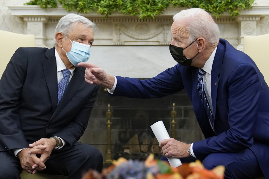President Joe Biden meets with Mexican President Andr?s Manuel L?pez Obrador in the Oval Office of the White House in Washington, Thursday, Nov. 18, 2021.