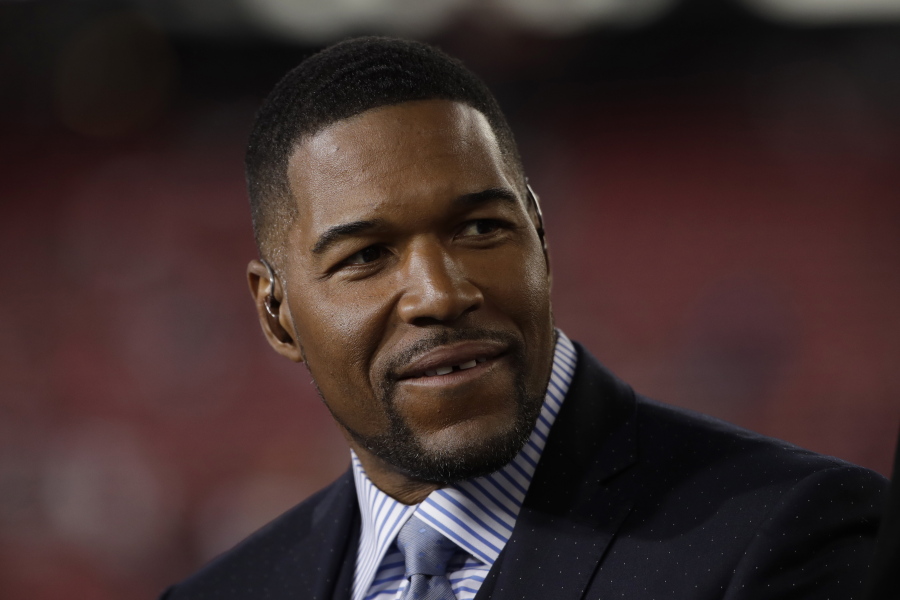 FILE - This Jan. 19, 2020 file photo shows Michael Strahan before the NFL NFC Championship football game between the San Francisco 49ers and the Green Bay Packers in Santa Clara, Calif. Strahan will be among the crew on Blue Origin's next flight to space. The company said Tuesday, Nov. 23, 2021 that the Good Morning America co-host, who just turned 50 on Sunday, will join Laura Shepard Churchley, the eldest daughter of Alan Shepard, on the flight.